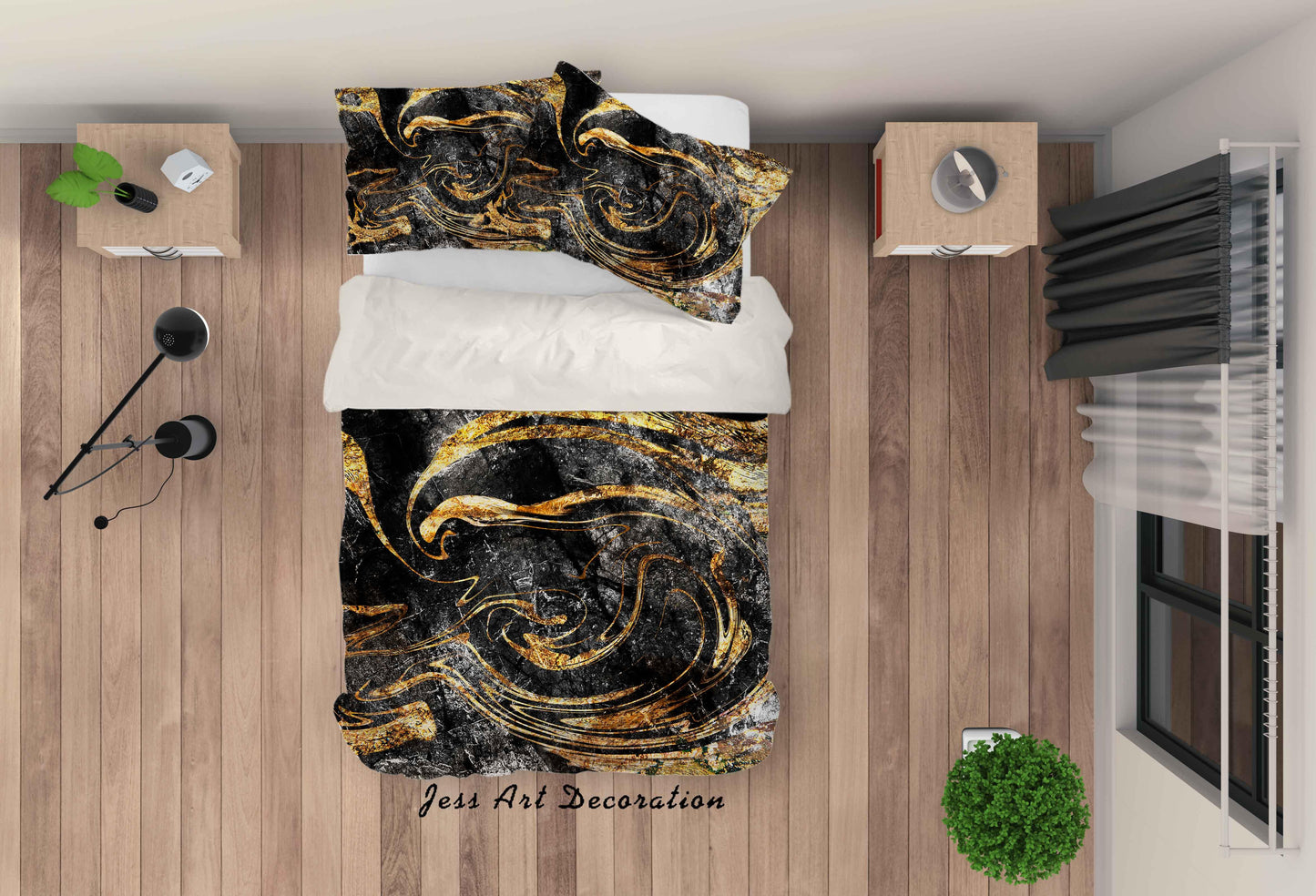 3D Black Flow Golden Quilt Cover Set Bedding Set Duvet Cover Pillowcases SF96