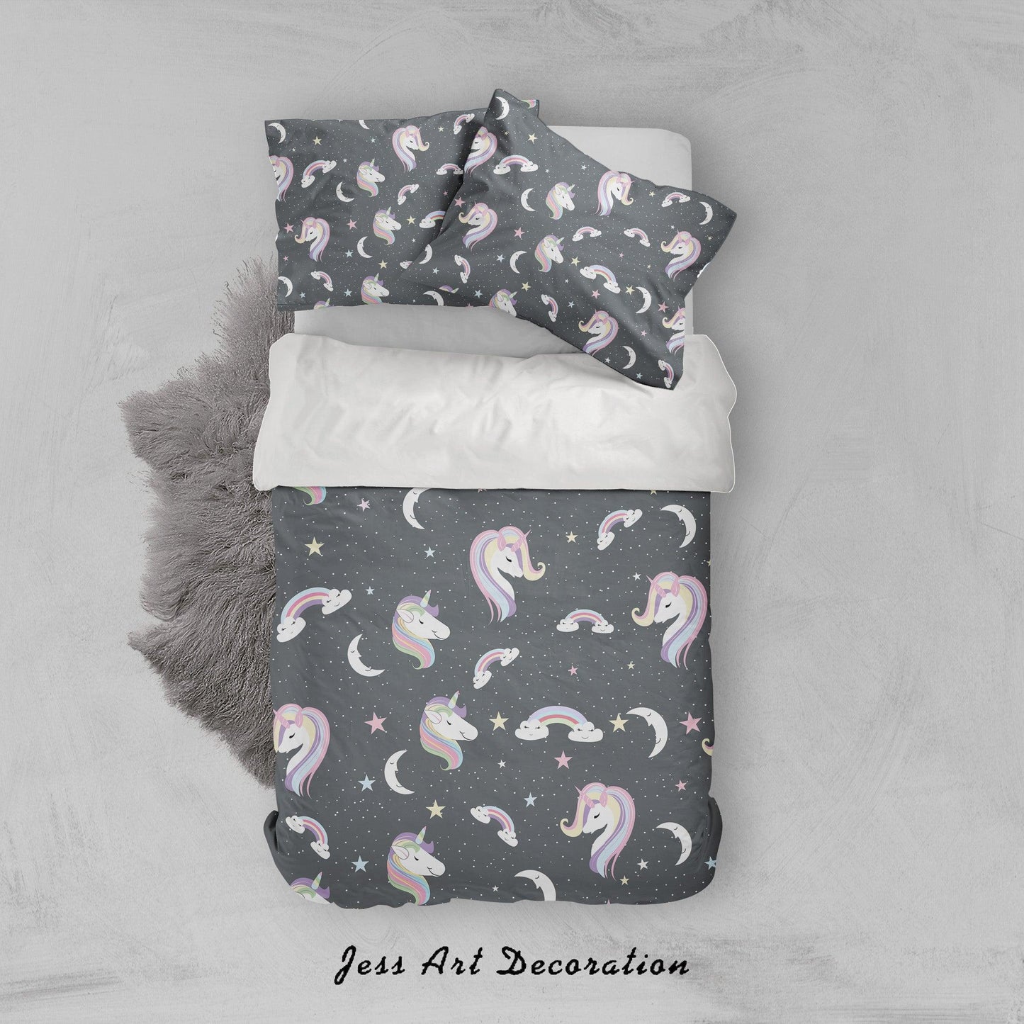 3D Black Unicorn Rainbow Moon Star Quilt Cover Set Bedding Set Pillowcases 80