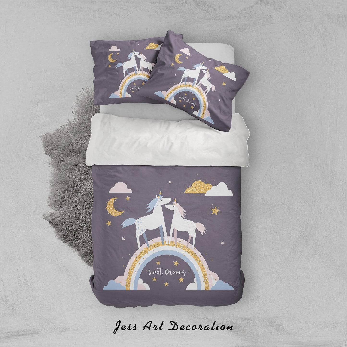 3D Black Unicorn Moon Star Rainbow Quilt Cover Set Bedding Set Pillowcases 11