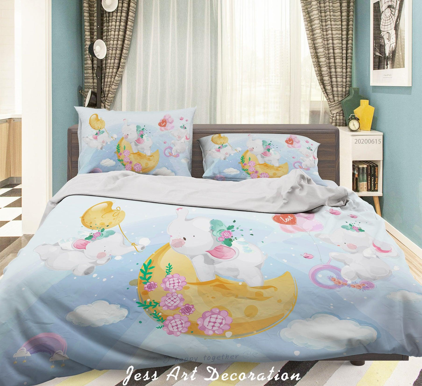 3D Blue Cartoon Moon Elephant Balloon Quilt Cover Set Bedding Set Duvet Cover Pillowcases SF25