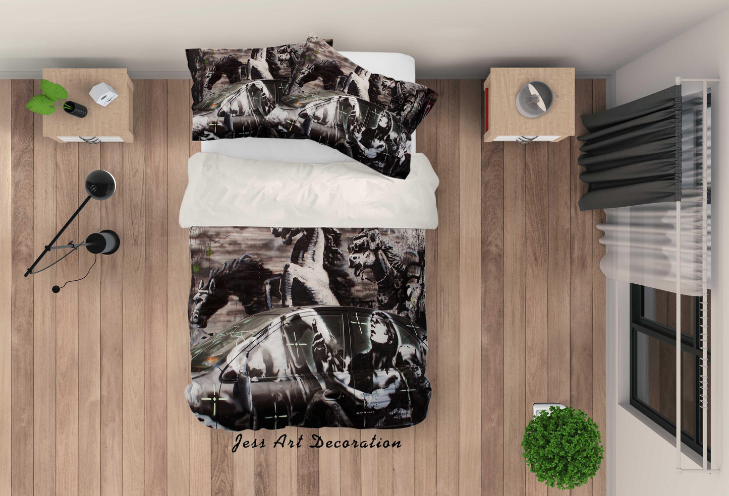 3D Banksy Mural Black White Dinosaur Car Quilt Cover Set Bedding Set Duvet Cover Pillowcases ZY D118