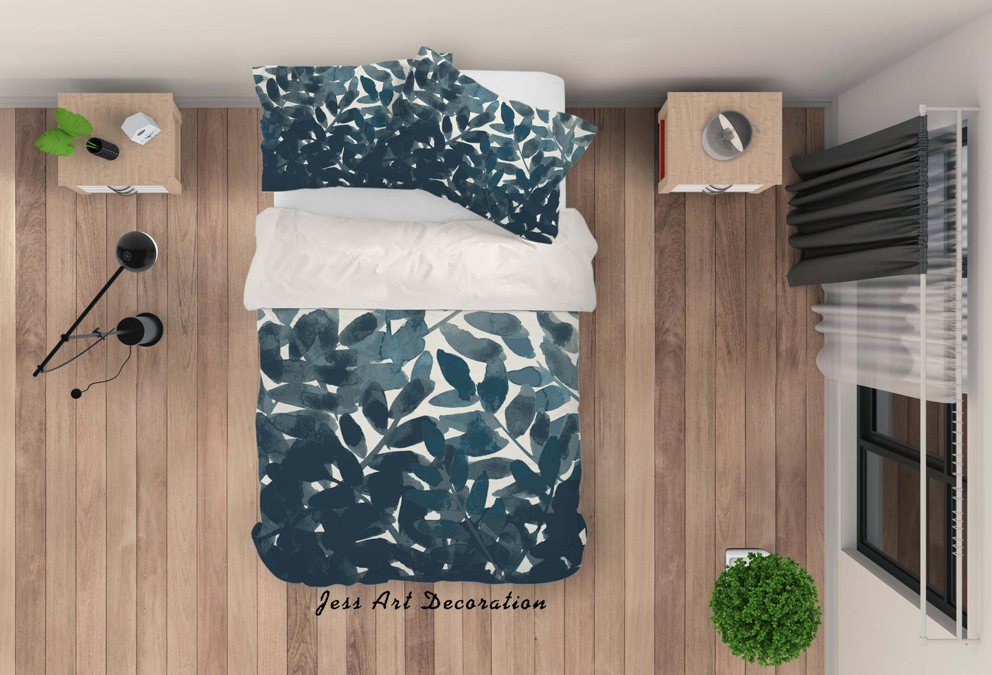 3D Blue Watercolor Leaves Quilt Cover Set Bedding Set Pillowcases 09