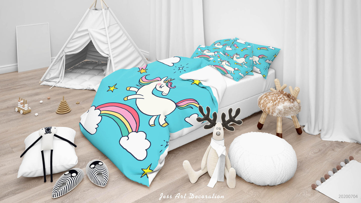 3D Blue Unicorn Rainbow Stars Quilt Cover Set Bedding Set Duvet Cover Pillowcases SF09