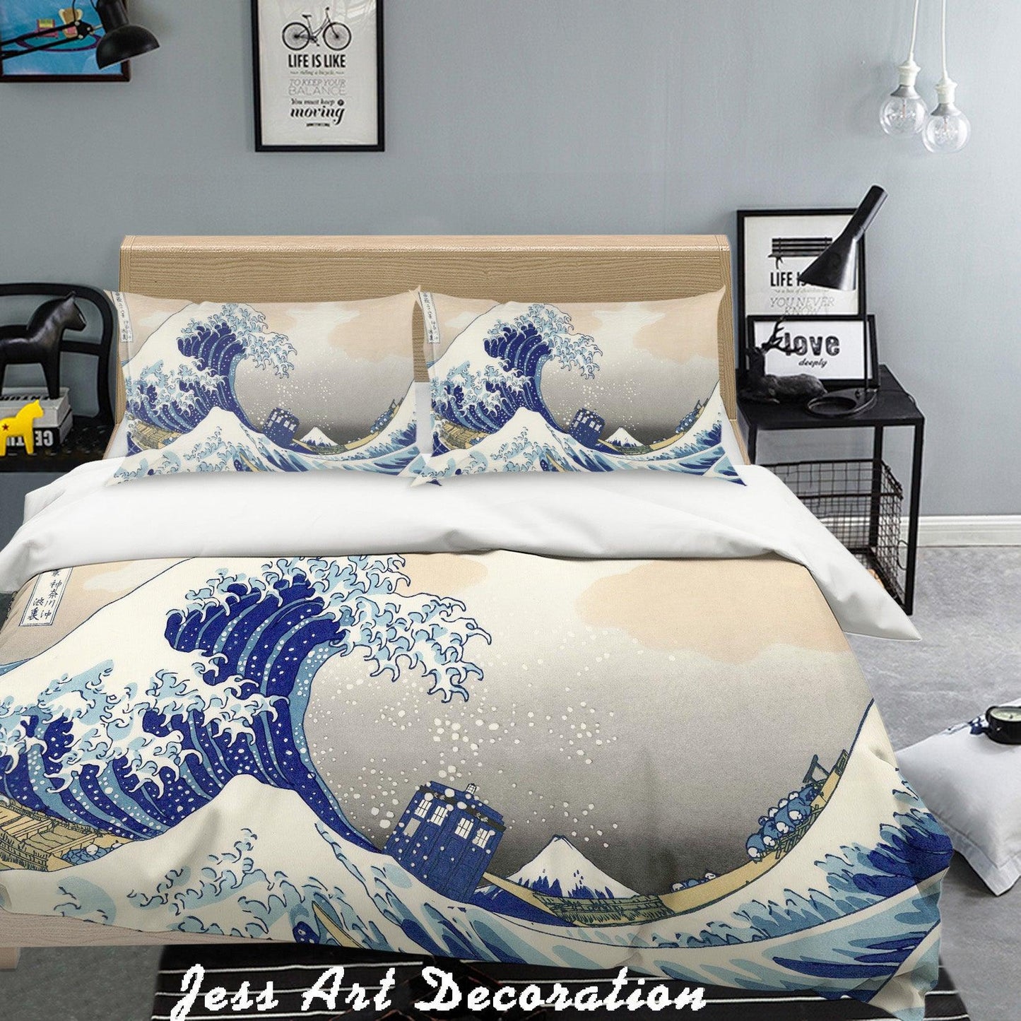 3D Cartoon Blue Sea Waves Quilt Cover Set Bedding Set Pillowcases 218