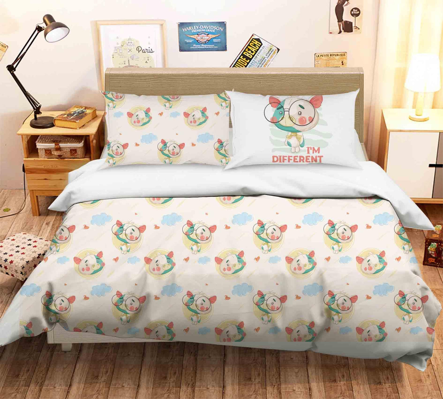3D Cartoon Pig Cloud Quilt Cover Set Bedding Set Pillowcases 103