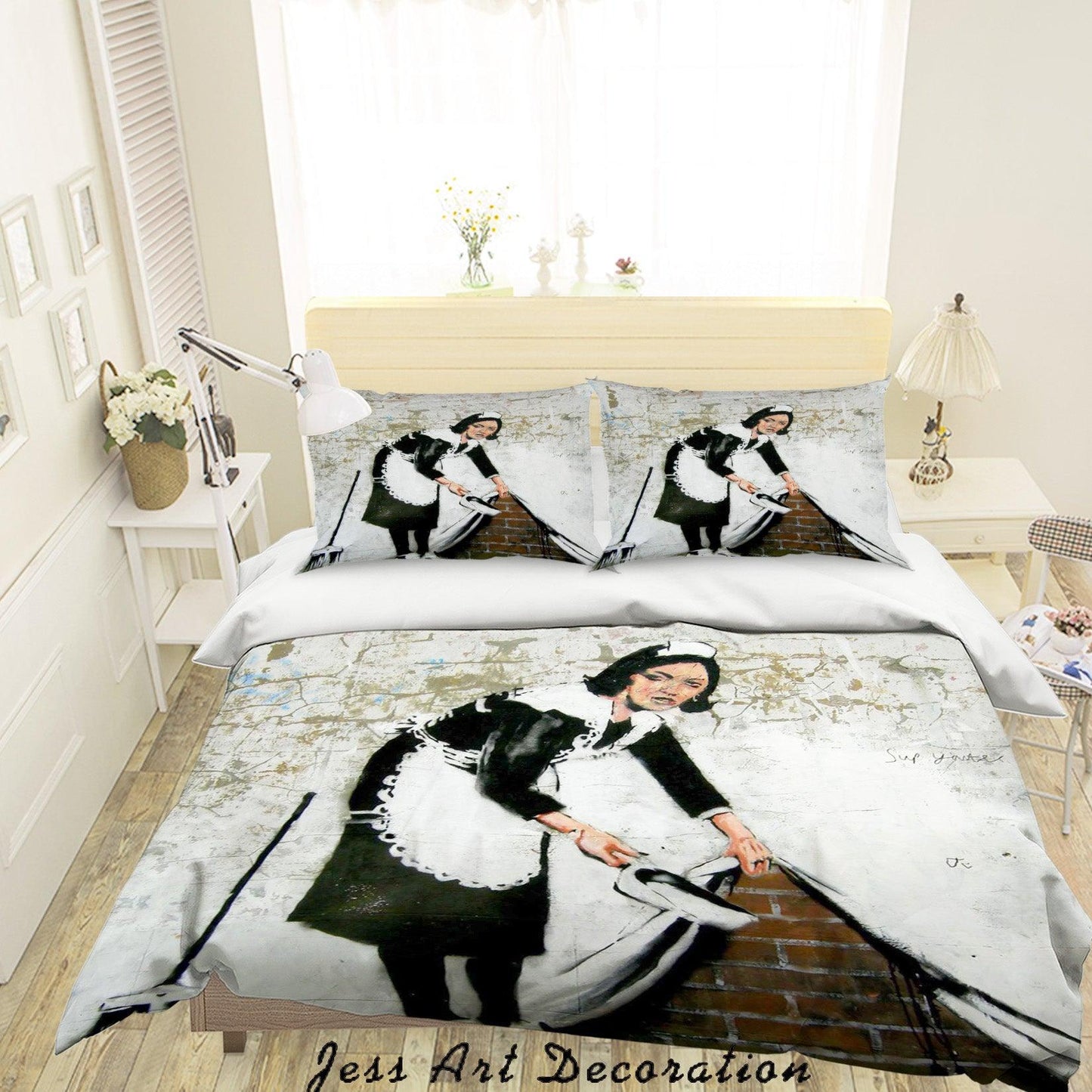 3D Banksy Busy Maidservant Black White Quilt Cover Set Bedding Set Duvet Cover Pillowcases ZY D33