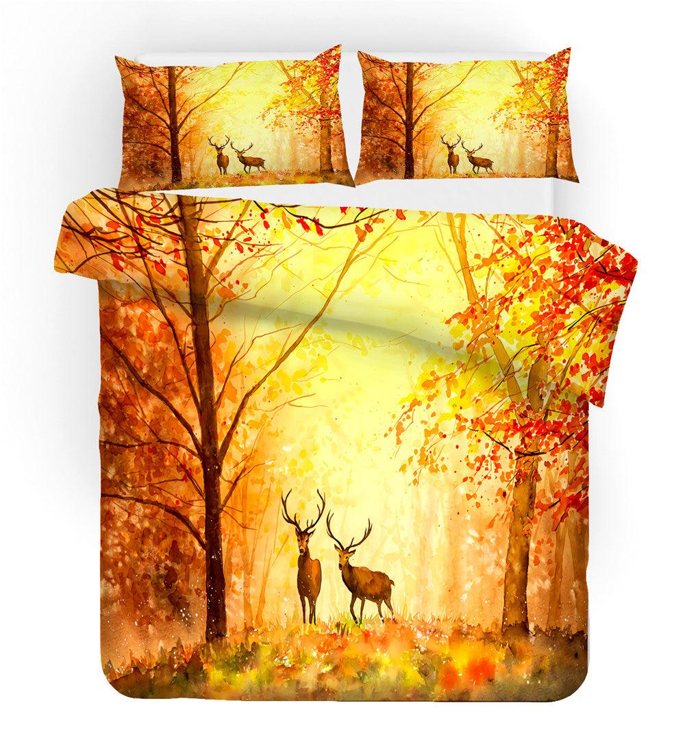 3D Autumn Forest Animal Elk Quilt Cover Set Bedding Set Duvet Cover Pillowcases 90