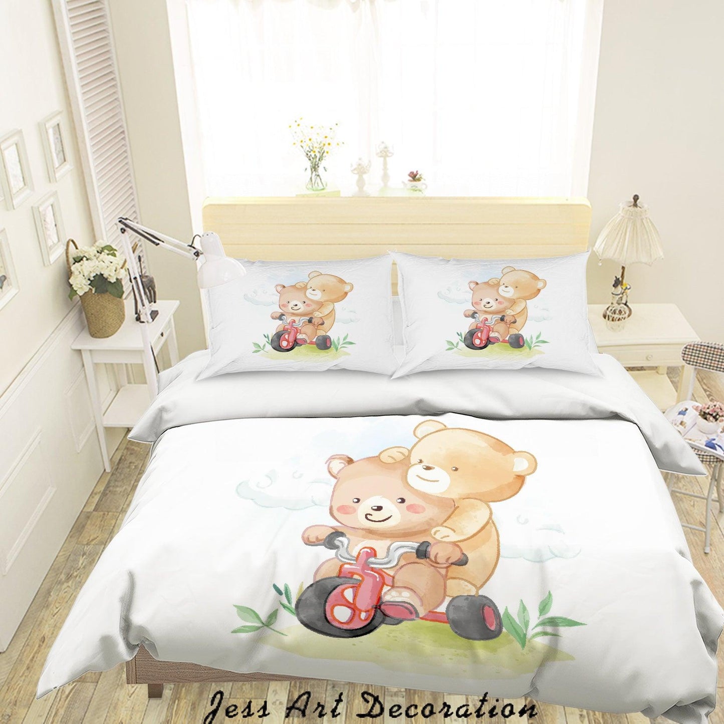 3D Cartoon Bear Bike Quilt Cover Set Bedding Set Duvet Cover Pillowcases SF47
