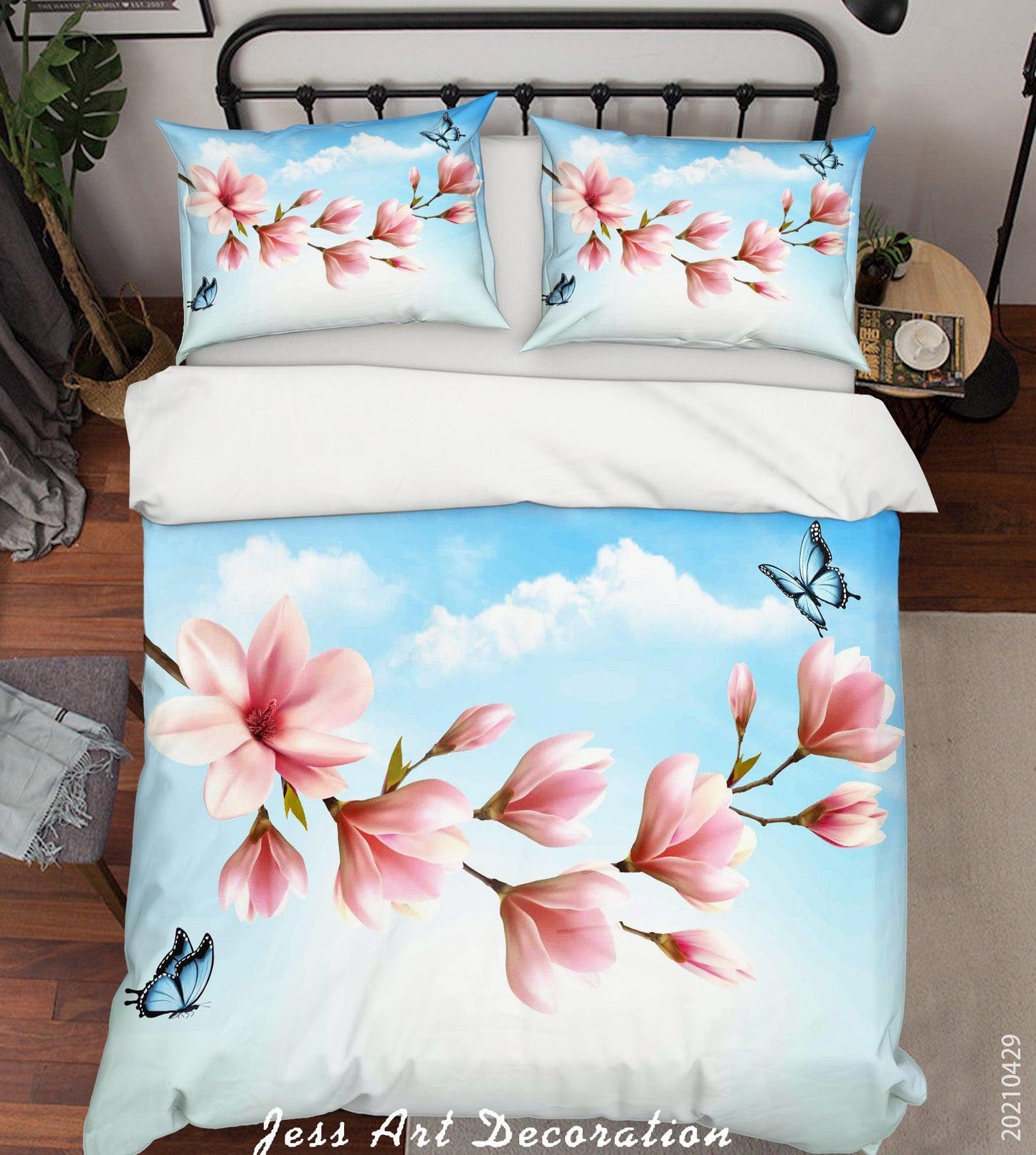 3D Blue Sky Pink Magnolia Flower Quilt Cover Set Bedding Set Duvet Cover Pillowcases 199