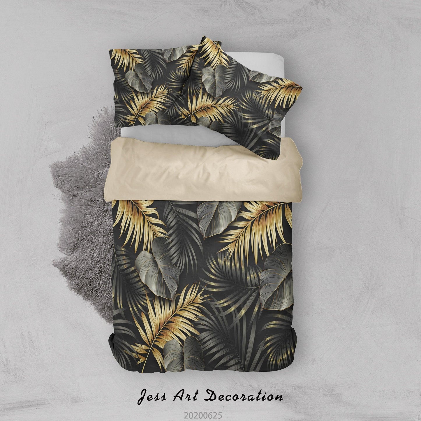 3D Black Golden Leaves Quilt Cover Set Bedding Set Duvet Cover Pillowcases SF84