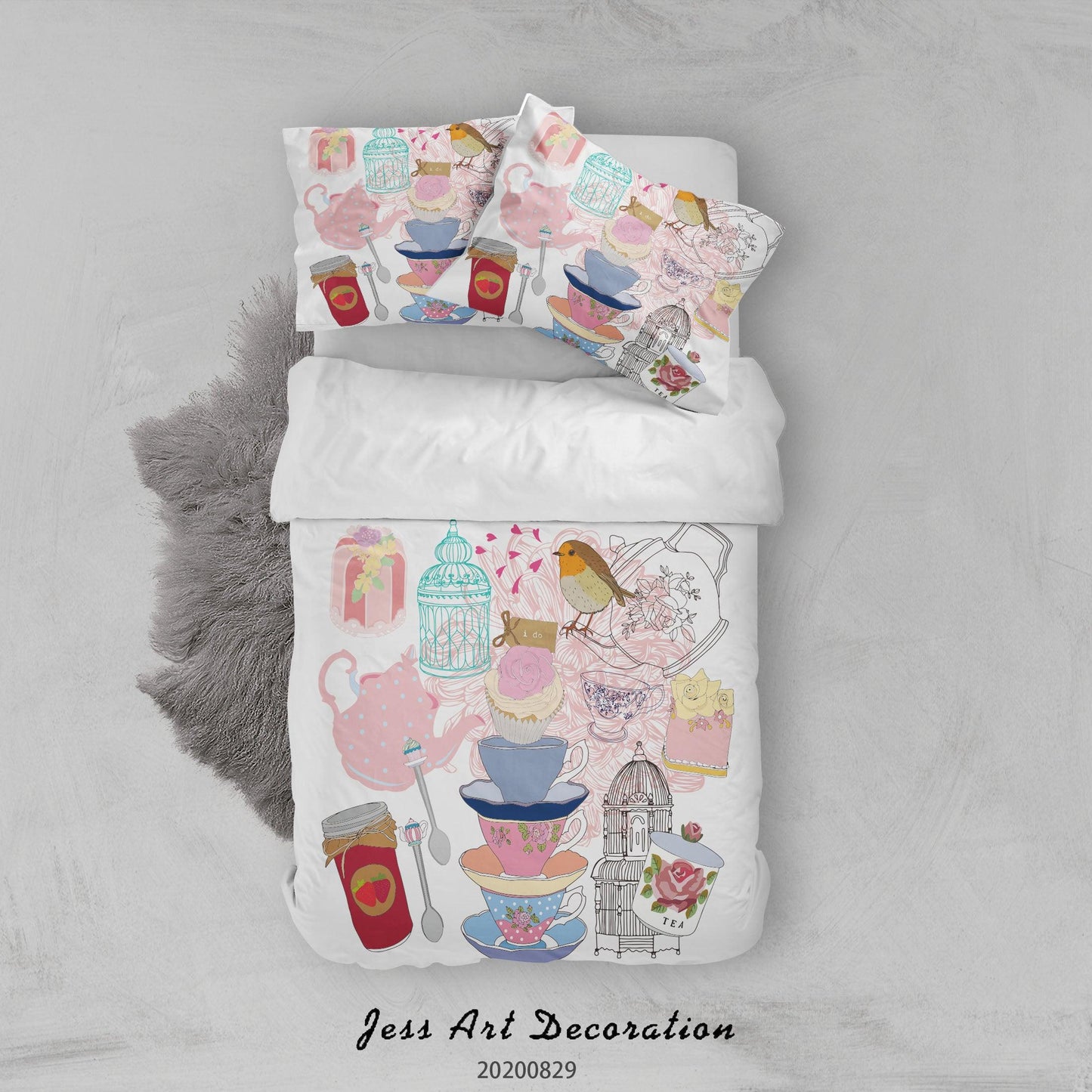 3D Abstract Hand Draw Cartoon Teacup Teapot Dessert Pattern Quilt Cover Set Bedding Set Duvet Cover Pillowcases WJ 3571