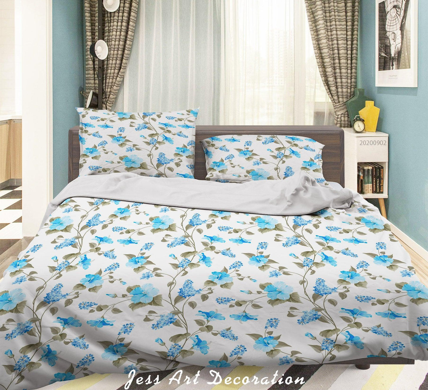 3D Blue FLowers Leaves Pattern Quilt Cover Set Bedding Set Duvet Cover Pillowcases WJ 1451