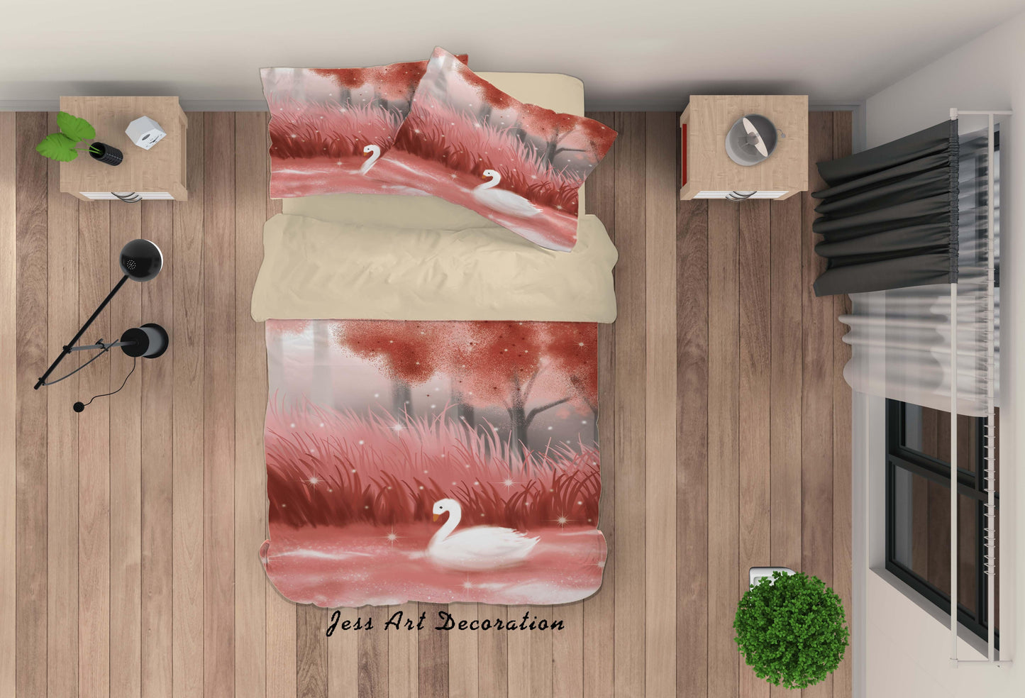 3D Cartoon Pink Swan Lake Tree Quilt Cover Set Bedding Set Duvet Cover Pillowcases A613 LQH