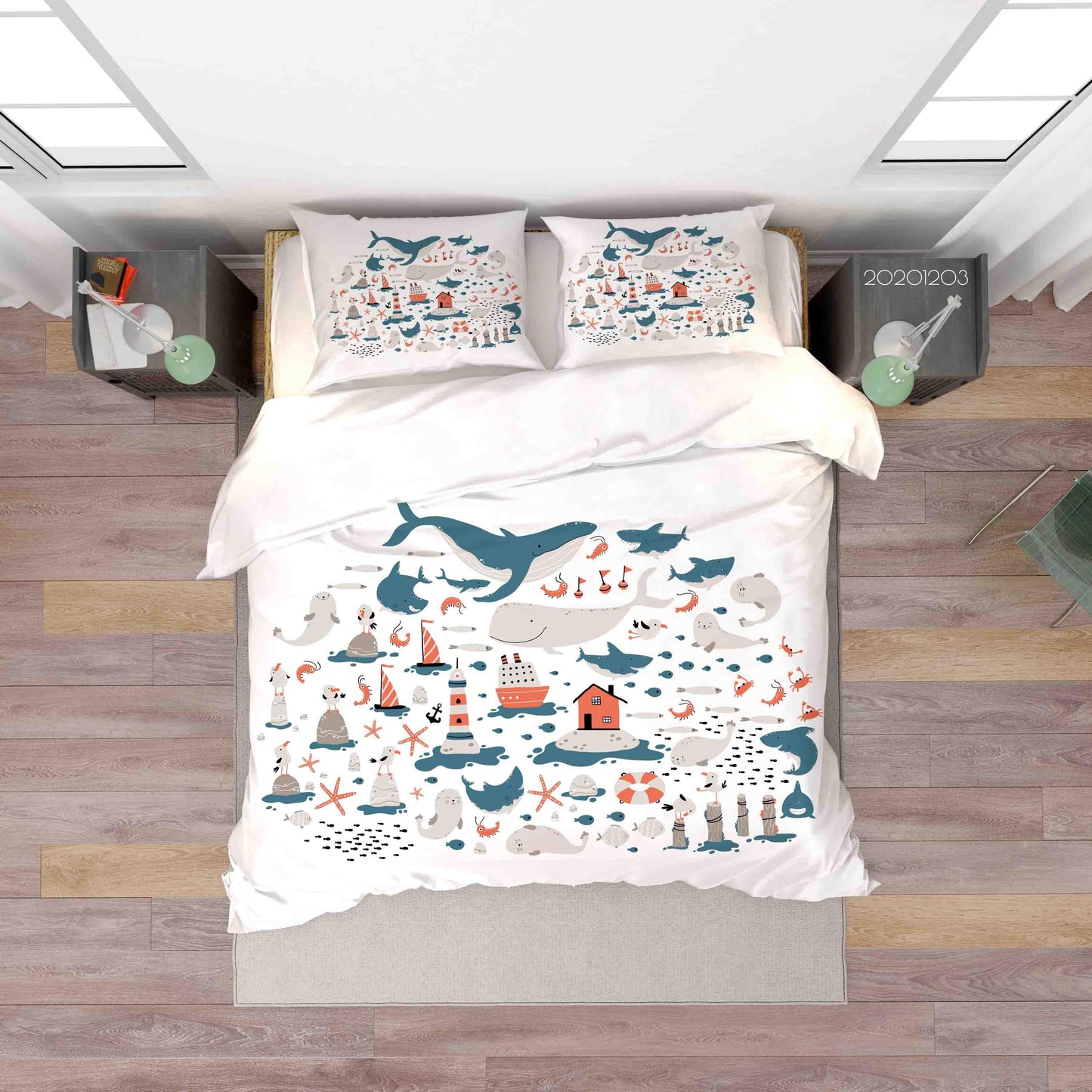 3D Cartoon Ocean Whale Lighthouse Starfish House Quilt Cover Set Bedding Set Duvet Cover Pillowcases LXL