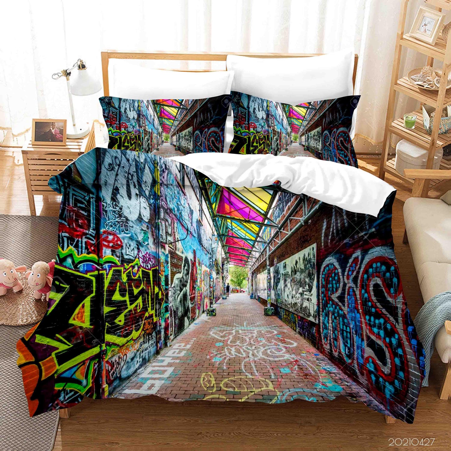 3D Abstract Colored Street Graffiti Quilt Cover Set Bedding Set Duvet Cover Pillowcases 50
