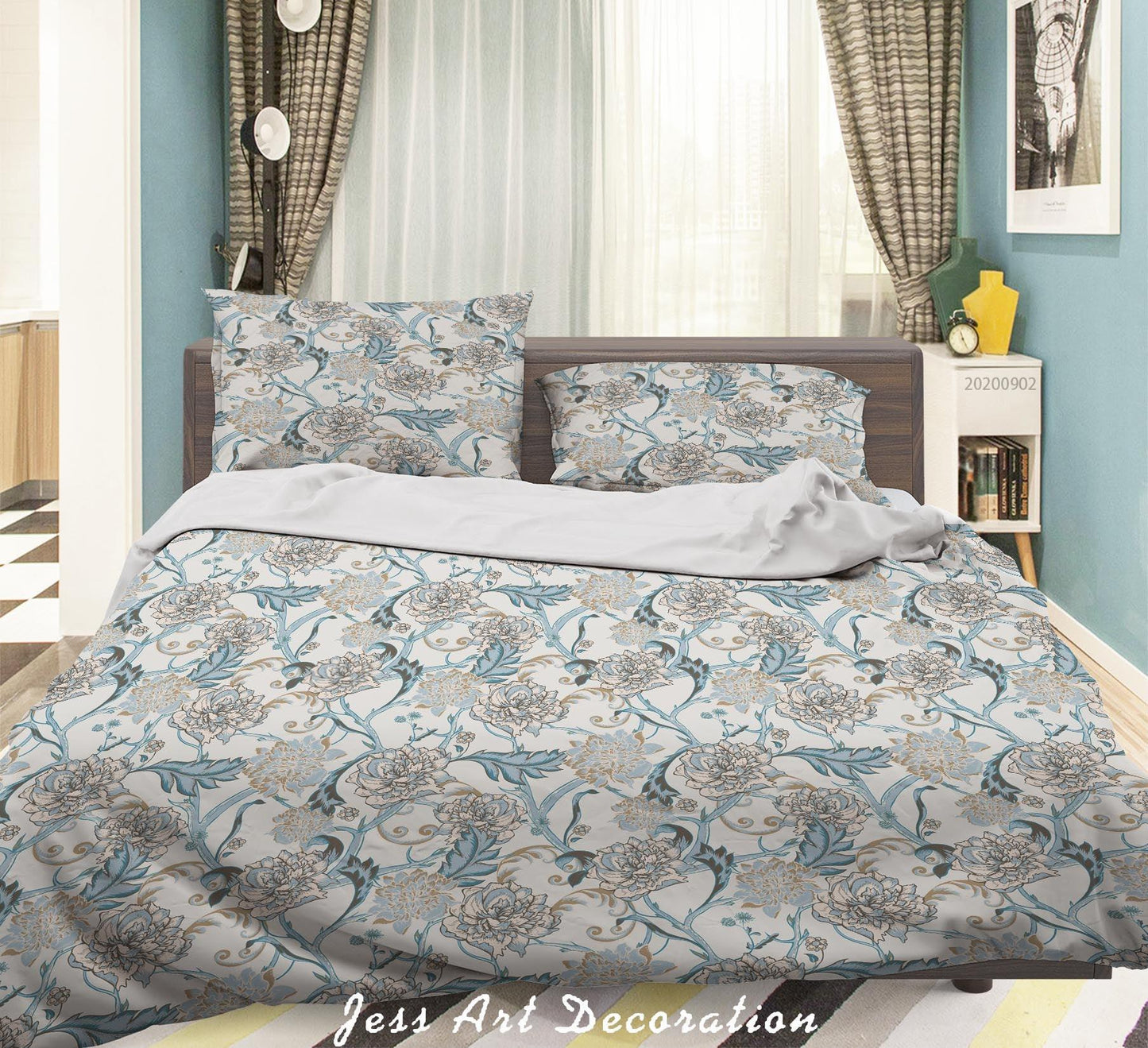 3D Blue Flowers Leaves Pattern Quilt Cover Set Bedding Set Duvet Cover Pillowcases WJ 1477