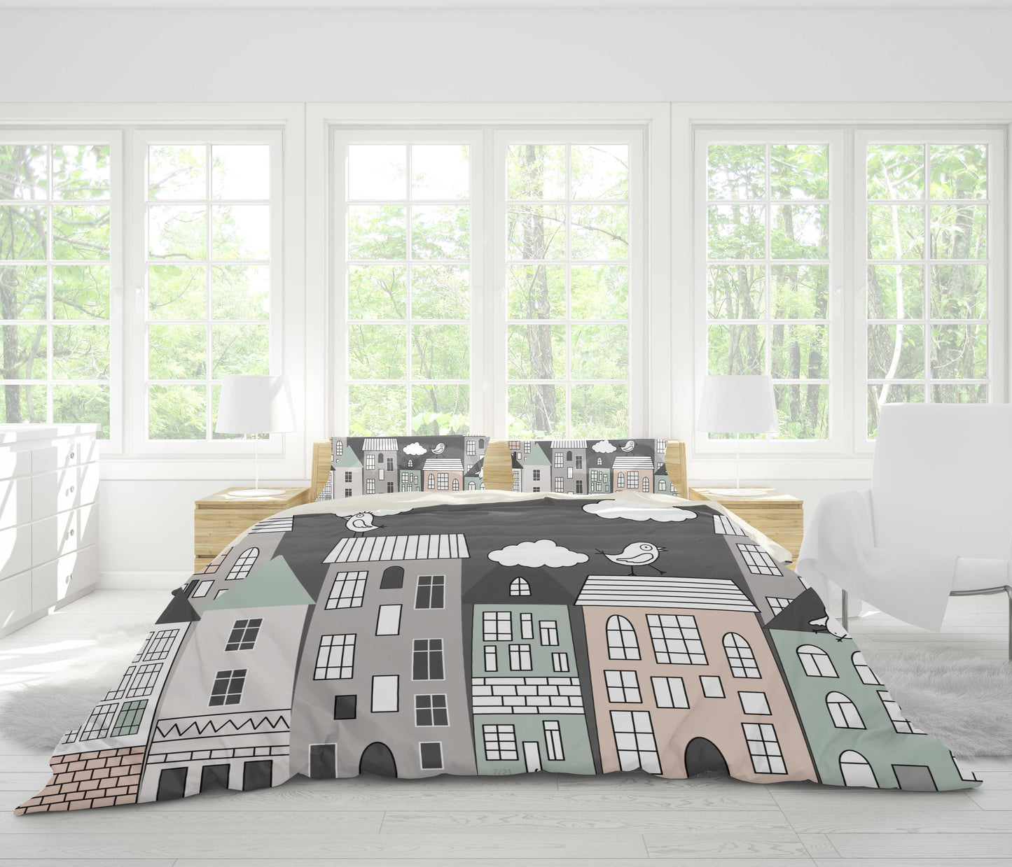 3D Black City Building Bird Clouds Quilt Cover Set Bedding Set Pillowcases 20