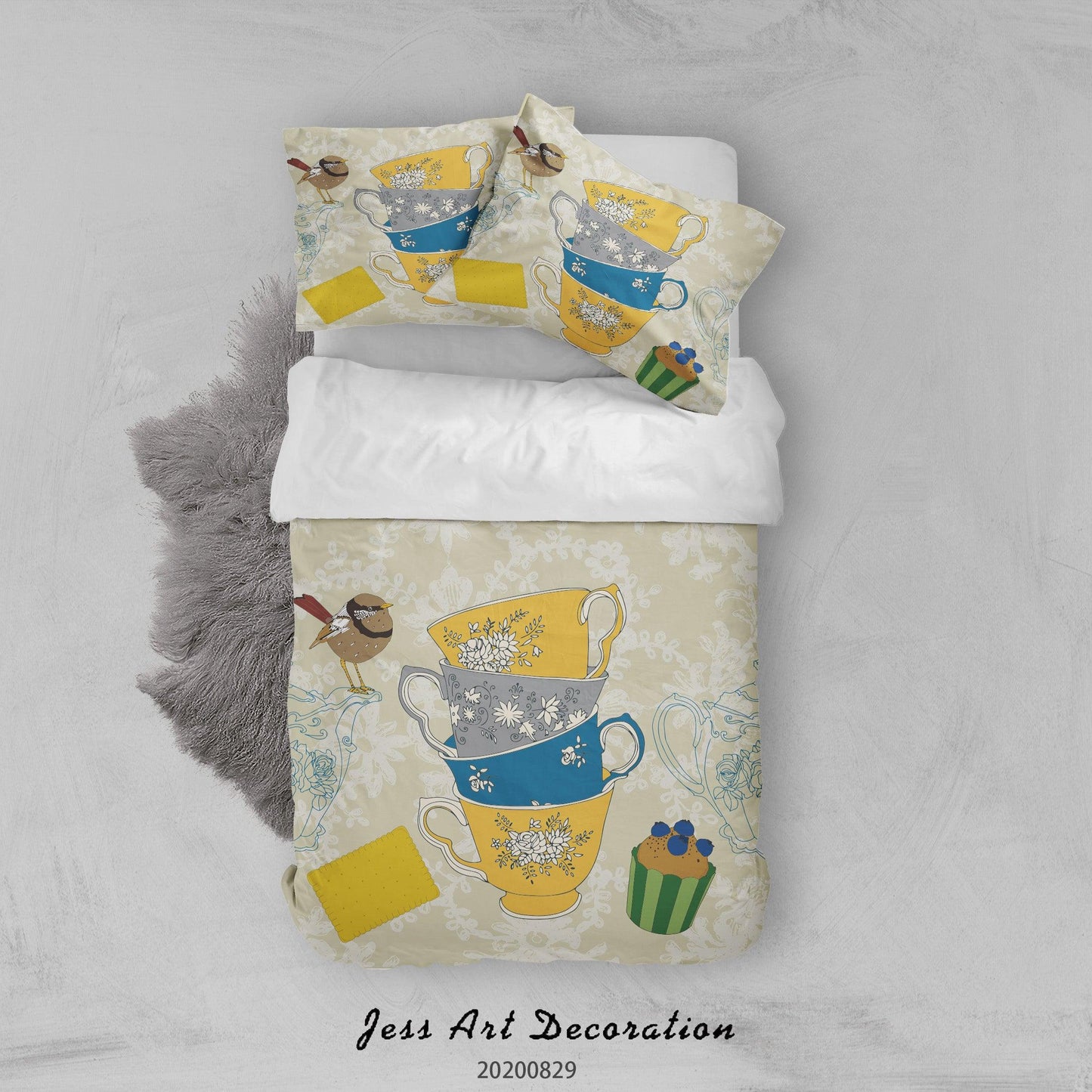 3D Abstract Hand Draw Cartoon Teacup Bird Pattern Quilt Cover Set Bedding Set Duvet Cover Pillowcases WJ 3574