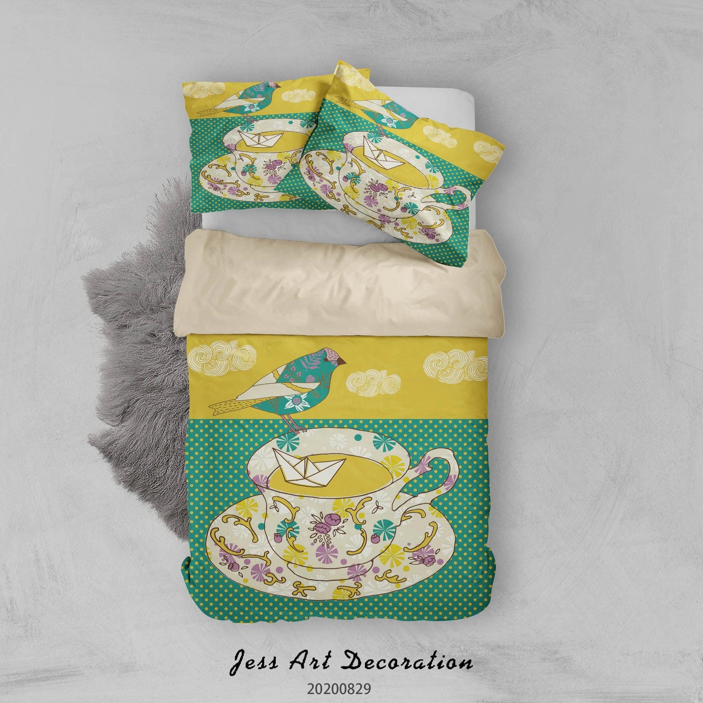 3D Abstract Hand Draw Cartoon Teacup Pattern Quilt Cover Set Bedding Set Duvet Cover Pillowcases WJ 3553