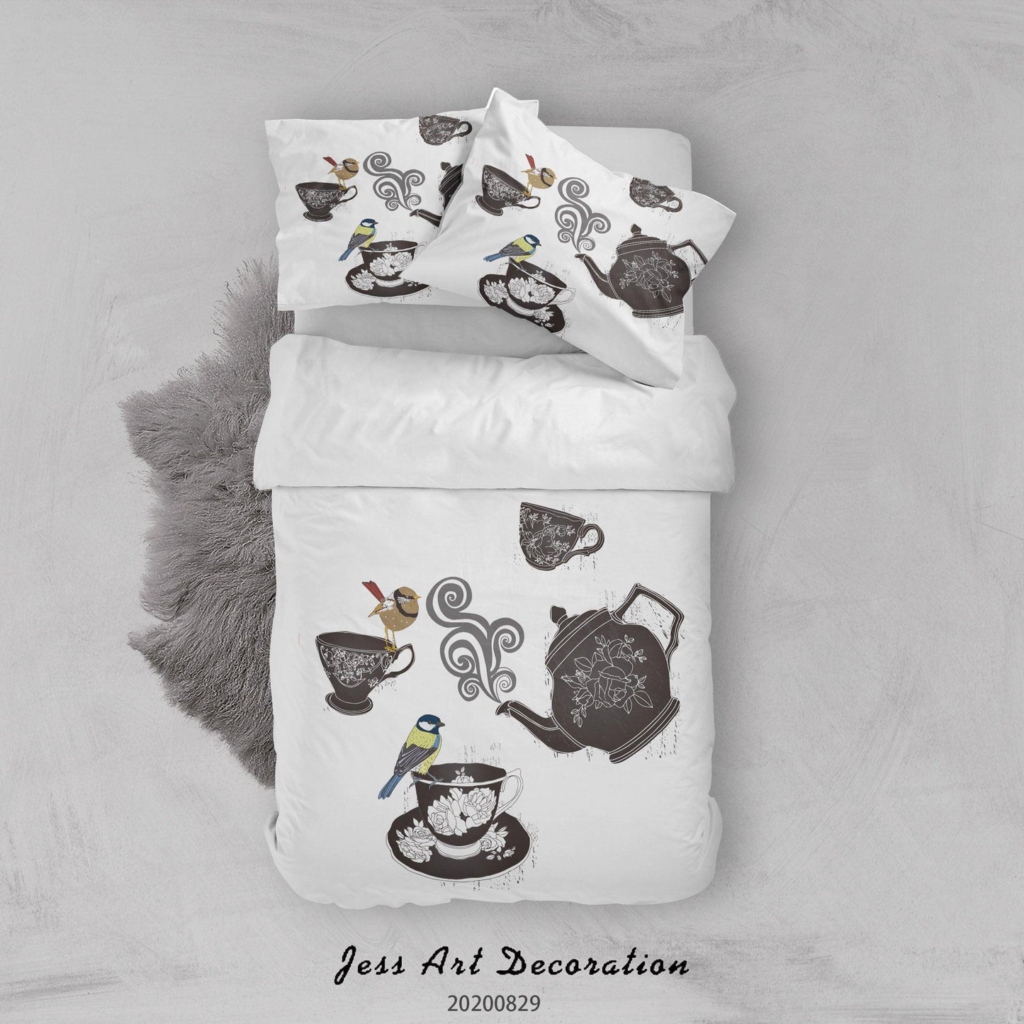 3D Abstract Hand Draw Cartoon Teacup Bird Pattern Quilt Cover Set Bedding Set Duvet Cover Pillowcases WJ 3575