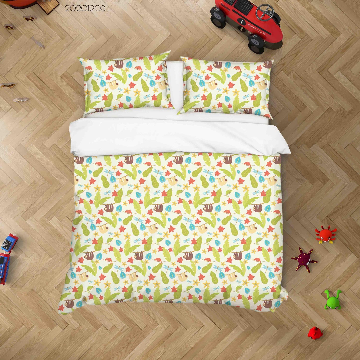 3D Cartoon Hand Drawn Colorful Sloth Animal Green Plant Maple Leaf Pattern Quilt Cover Set Bedding Set Duvet Cover Pillowcases LXL