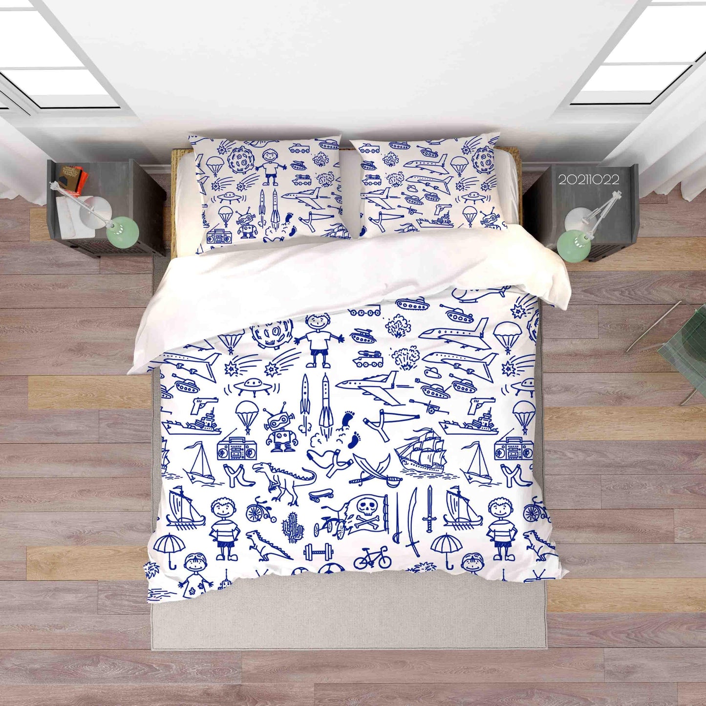 3D Blue Airplane Rocket Graffiti Quilt Cover Set Bedding Set Duvet Cover Pillowcases 66
