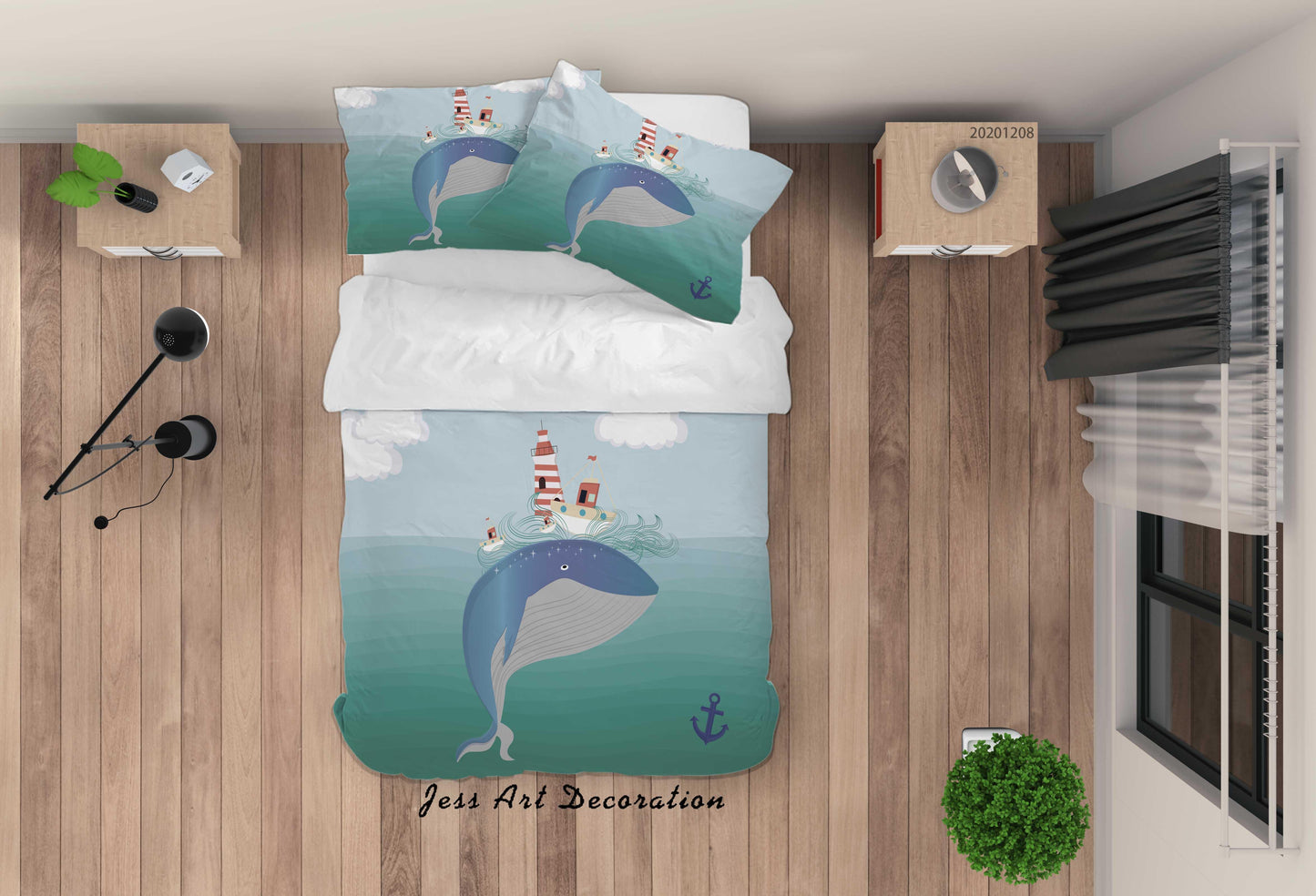 3D Cartoon Ocean Whale Lighthouse Anchor Quilt Cover Set Bedding Set Duvet Cover Pillowcases LXL