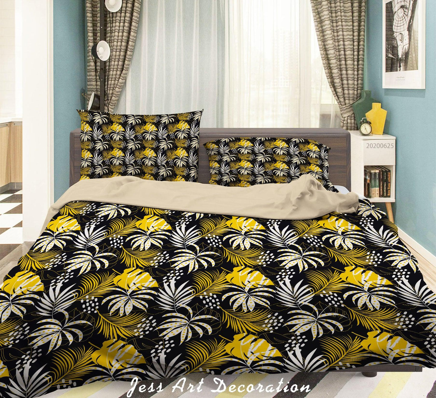 3D Black Yellow Leaves Quilt Cover Set Bedding Set Duvet Cover Pillowcases SF111