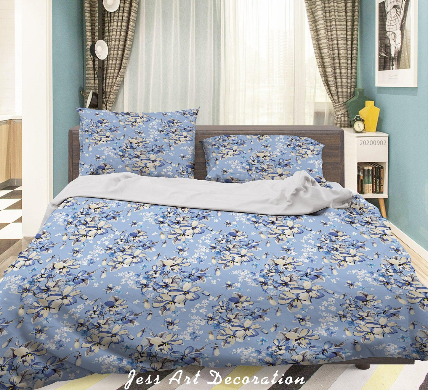 3D Blue Flowers Leaves Pattern Quilt Cover Set Bedding Set Duvet Cover Pillowcases WJ 1430