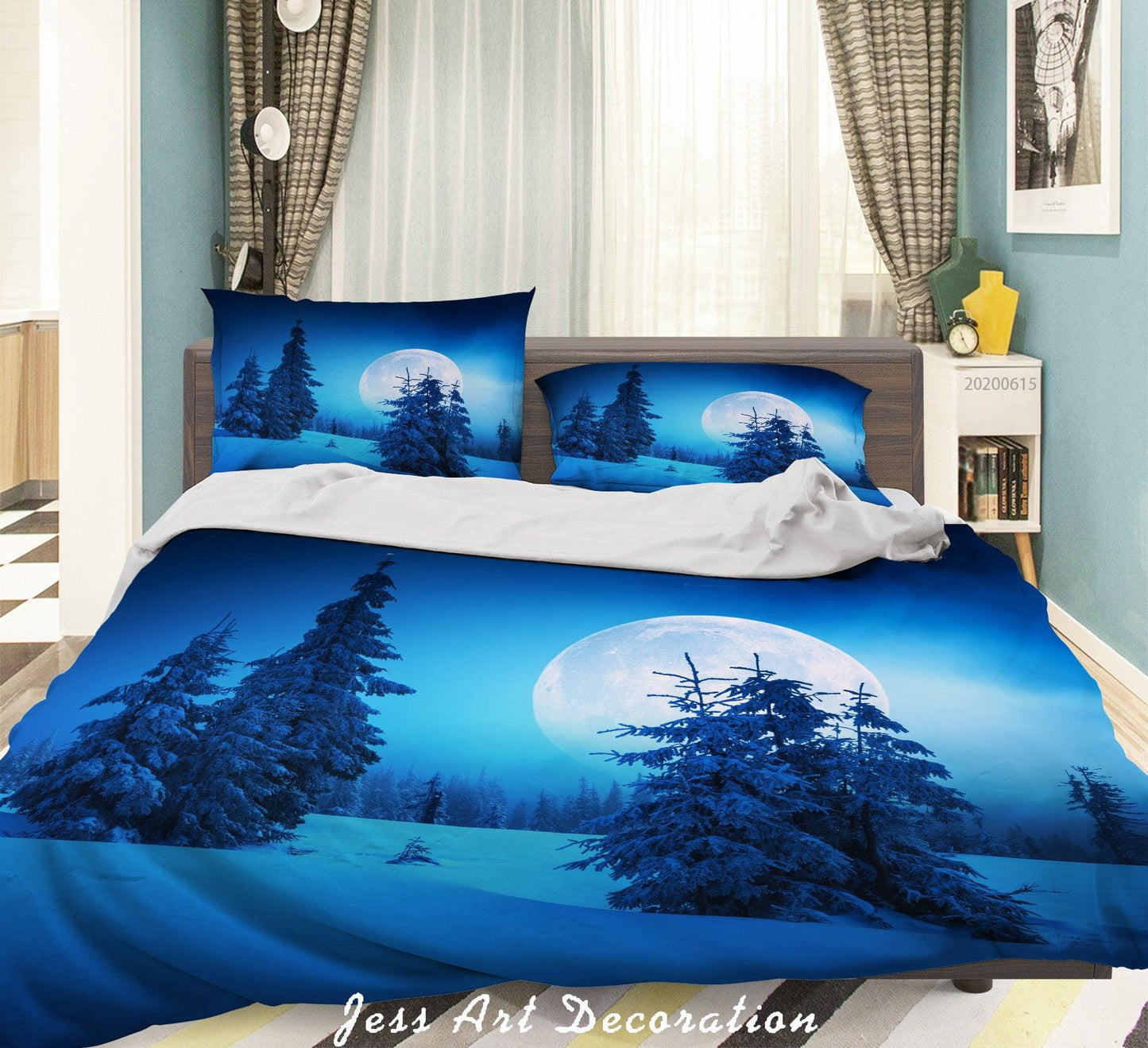3D Blue Moon Pine Forest Snow Winter Quilt Cover Set Bedding Set Duvet Cover Pillowcases SF112