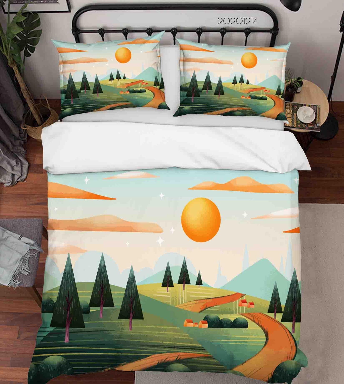 3D Cartoon Orange Sun Cloud Green Tree Plant Quilt Cover Set Bedding Set Duvet Cover Pillowcases LXL