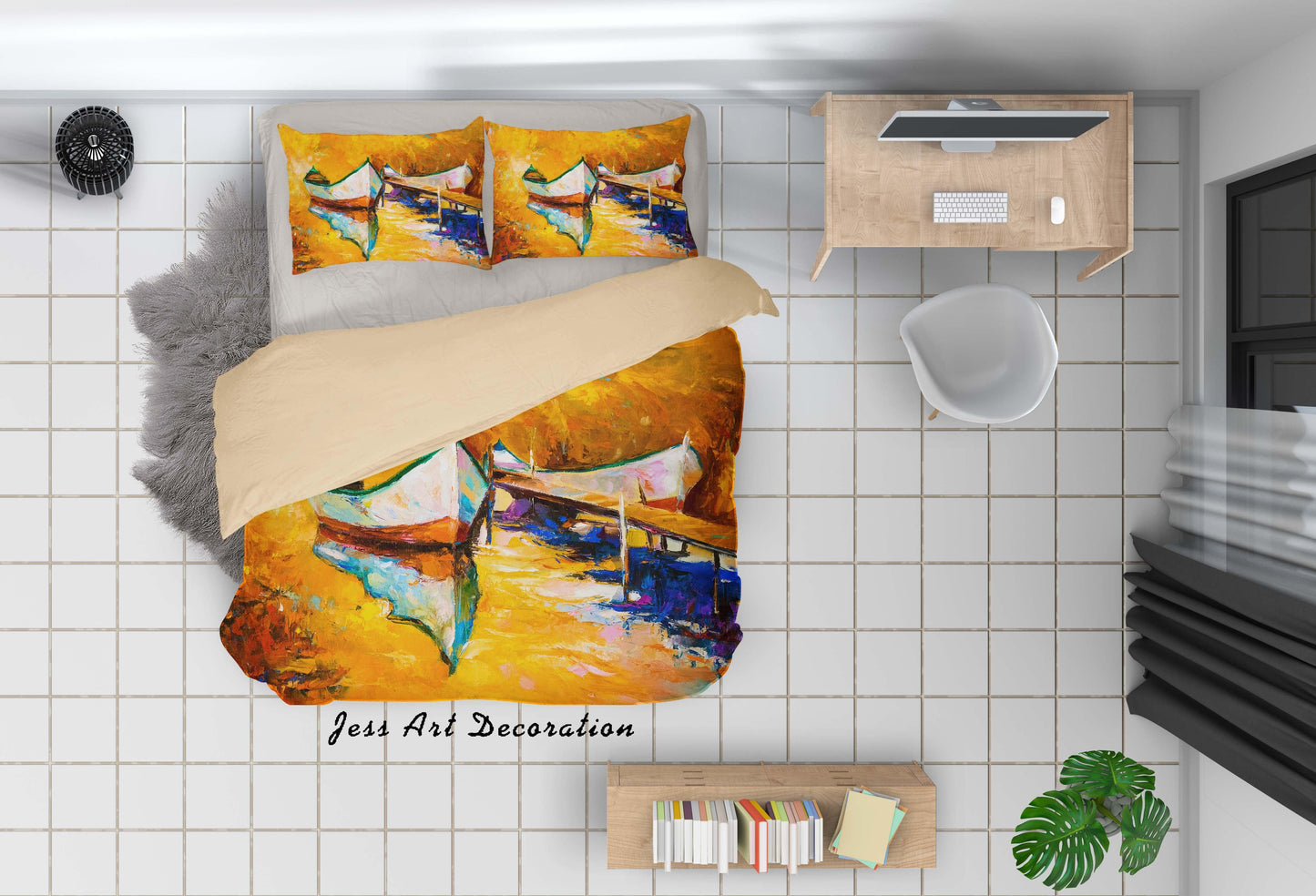 3D Boat Yellow Oil Painting Quilt Cover Set Bedding Set Duvet Cover Pillowcases A046 LQH