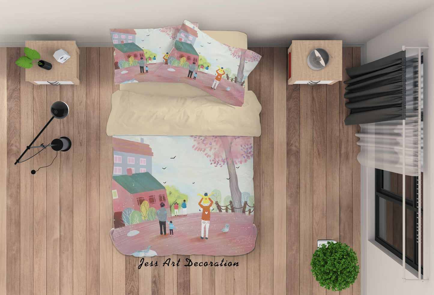 3D Cartoon House Tree Pink Quilt Cover Set Bedding Set Duvet Cover Pillowcases A619 LQH