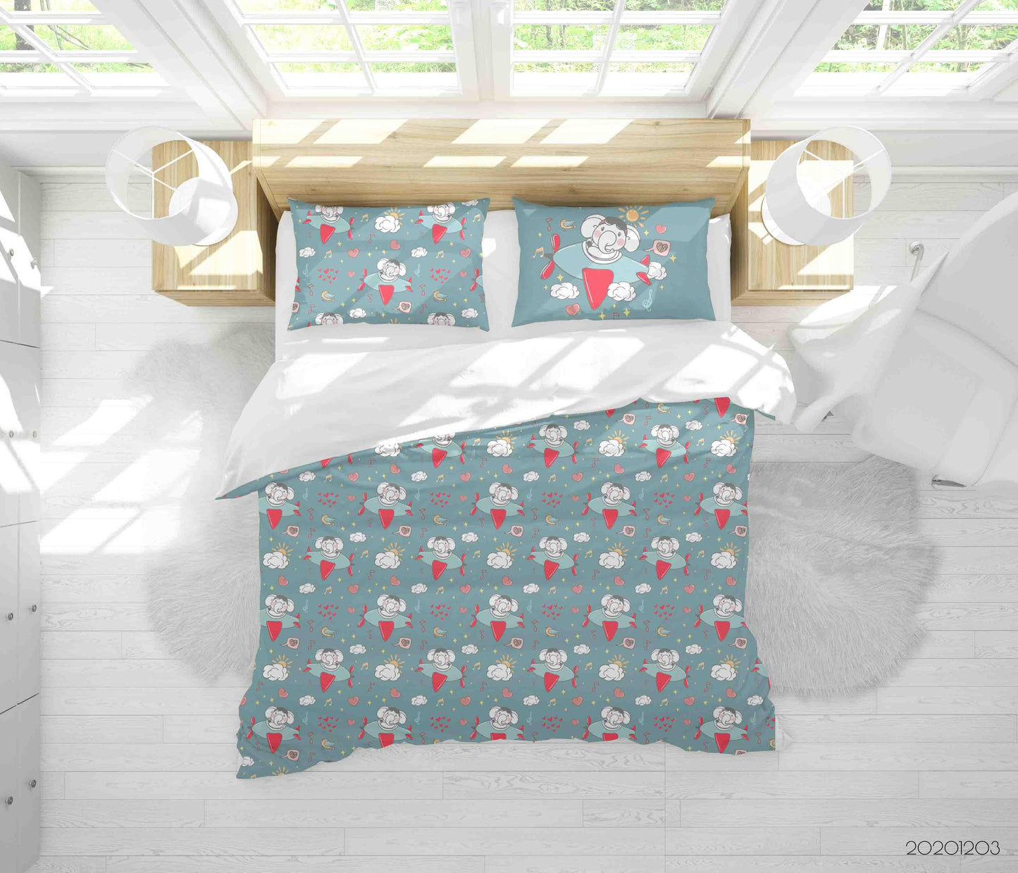 3D Cartoon Hand Drawn Sky Elephant Airplane Animal Cloud Blue Quilt Cover Set Bedding Set Duvet Cover Pillowcases LXL