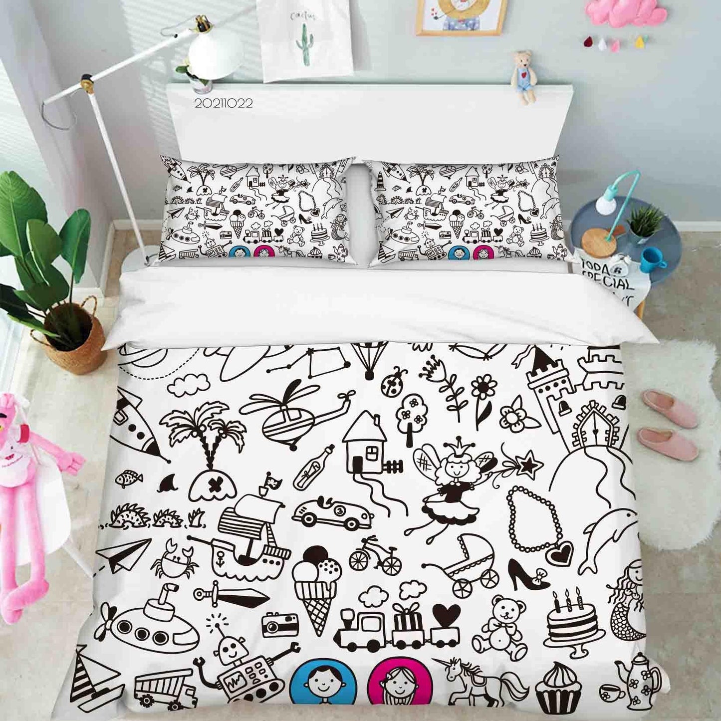 3D Abstract Cartoon Life Graffiti Quilt Cover Set Bedding Set Duvet Cover Pillowcases 90