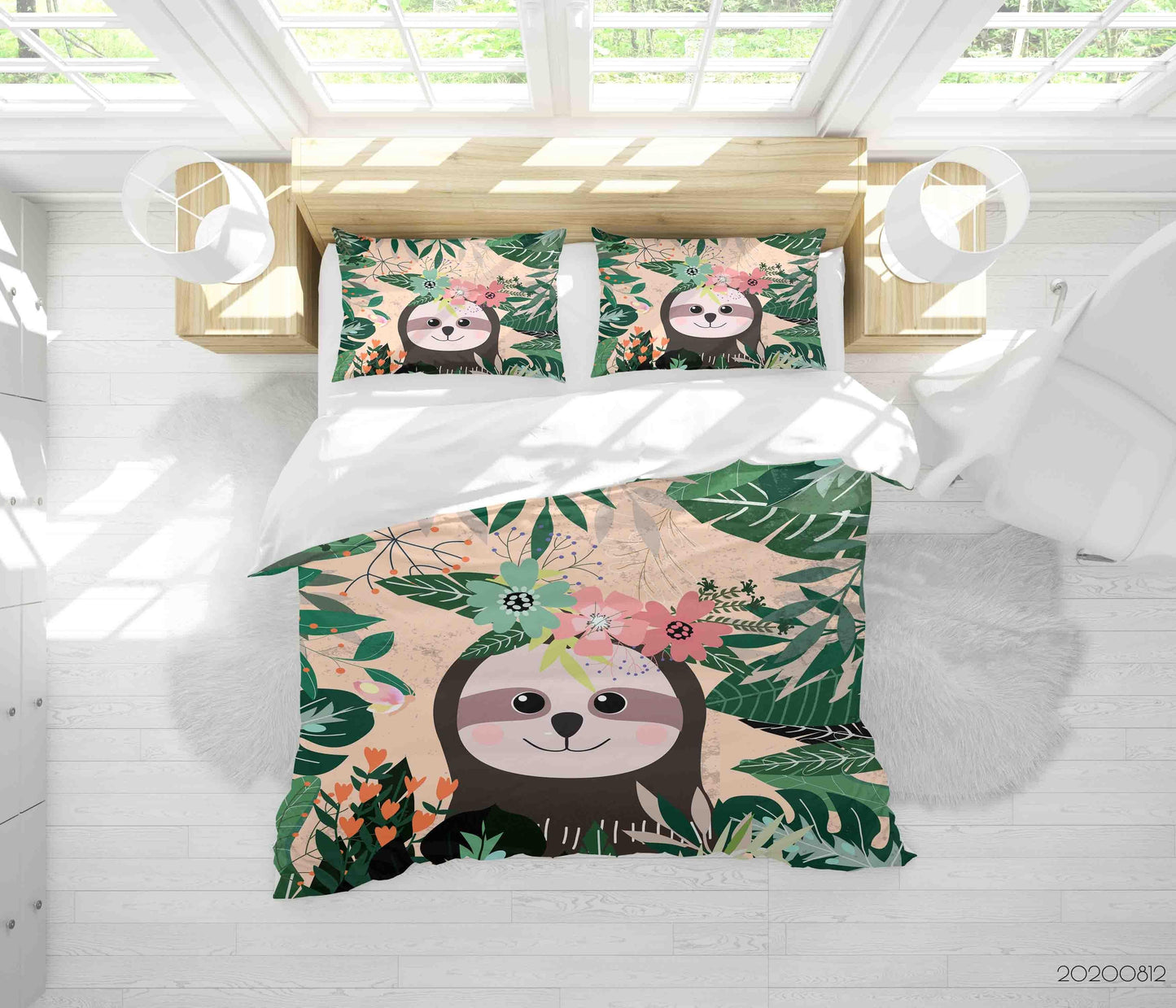 3D Cartoon Floral Plant Sloth Quilt Cover Set Bedding Set Duvet Cover Pillowcases LXL