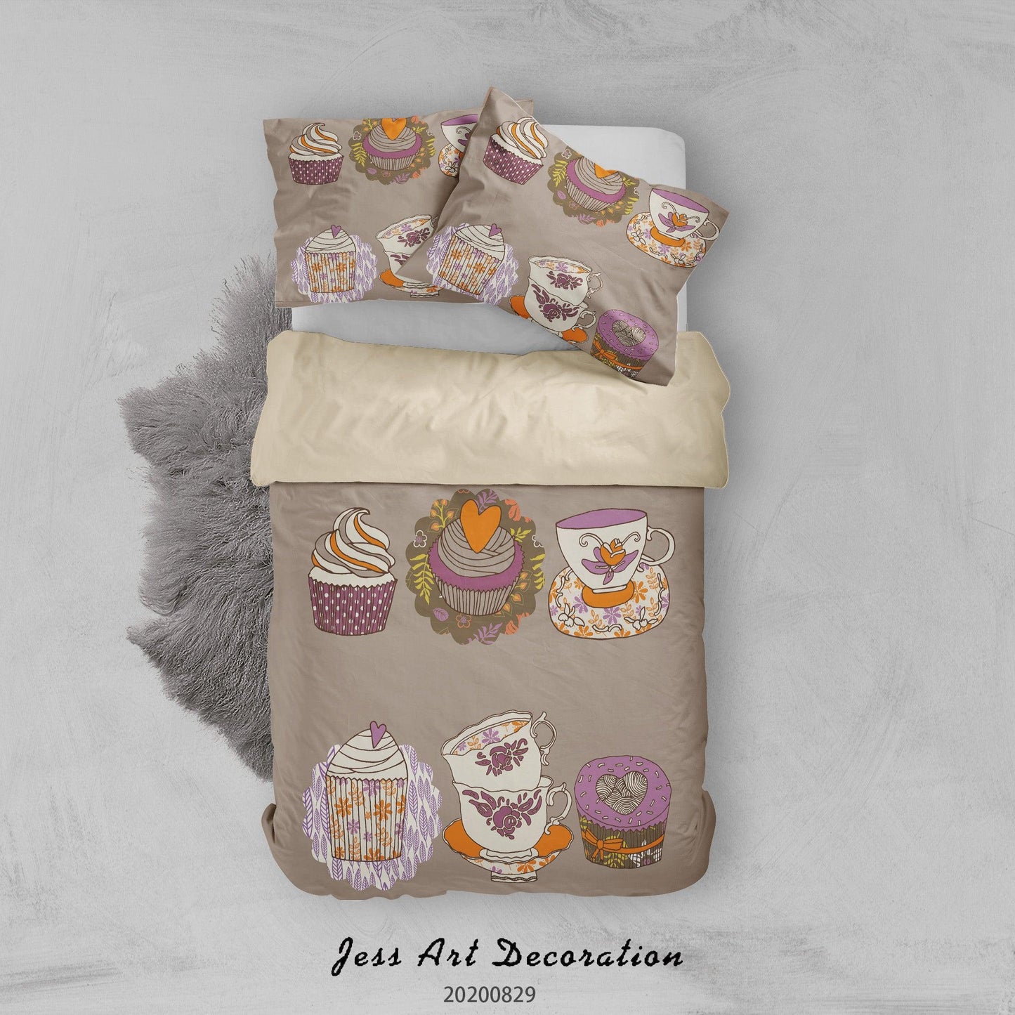 3D Abstract Hand Draw Cartoon Cake Teacup Pattern Quilt Cover Set Bedding Set Duvet Cover Pillowcases WJ 3554