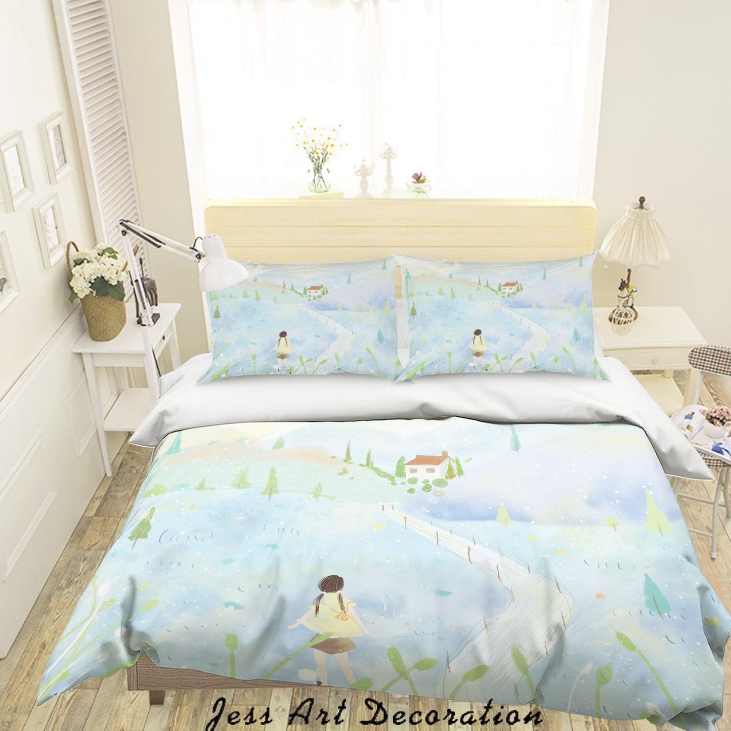 3D Blue Hillside House Girl Quilt Cover Set Bedding Set Duvet Cover Pillowcases A565 LQH