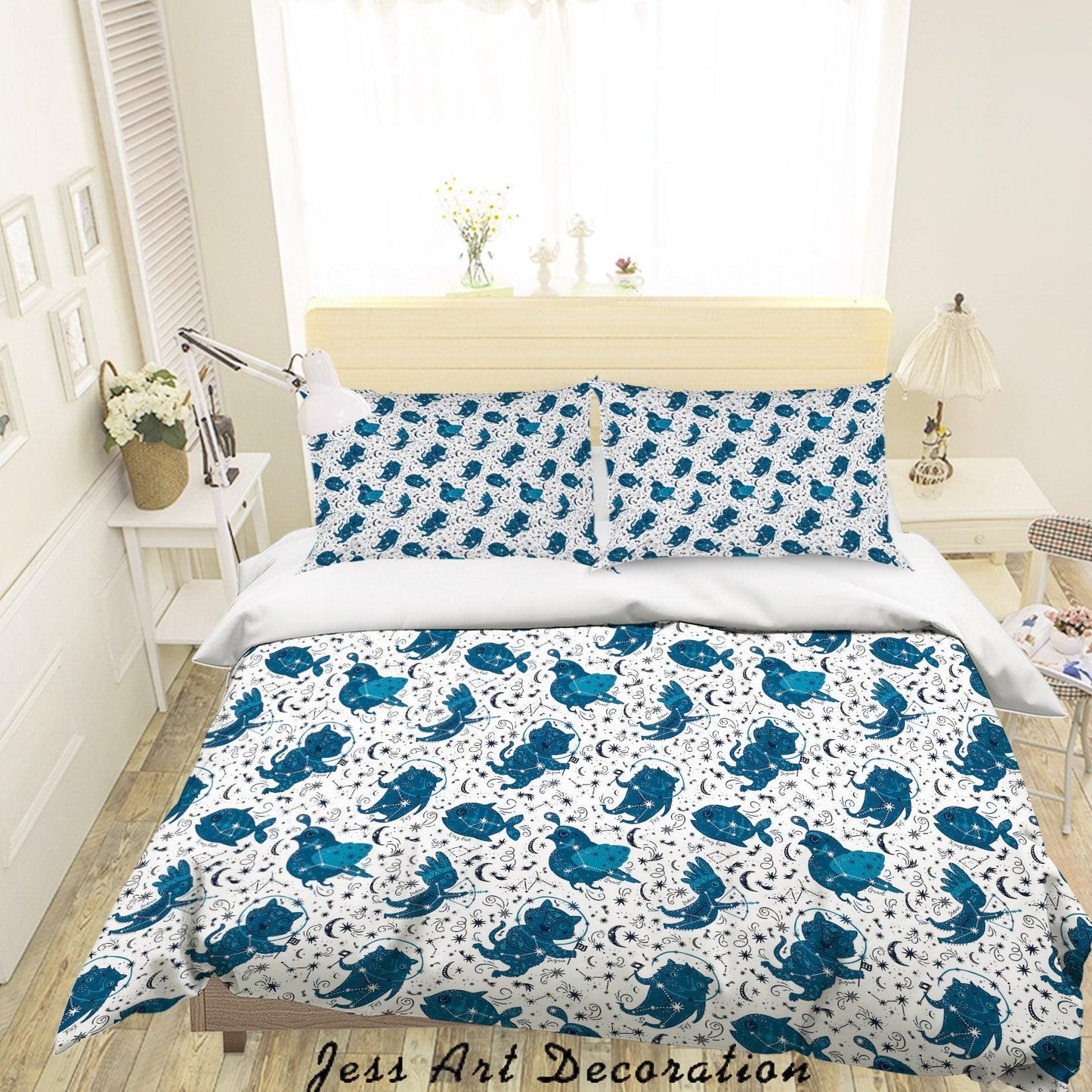 3D Blue Cartoon Birds Fish Cat Moon Star Space Quilt Cover Set Bedding Set Duvet Cover Pillowcases SF06