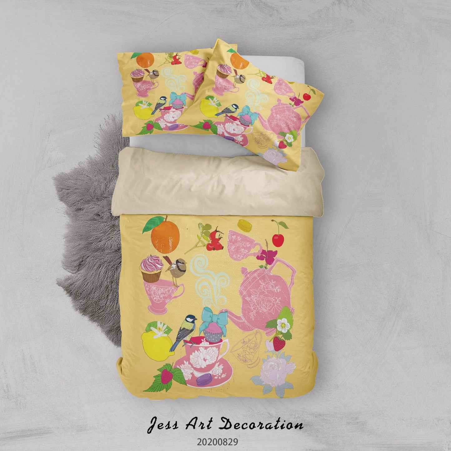 3D Abstract Hand Draw Cartoon Teacup Butterfly Pattern Quilt Cover Set Bedding Set Duvet Cover Pillowcases WJ 3580