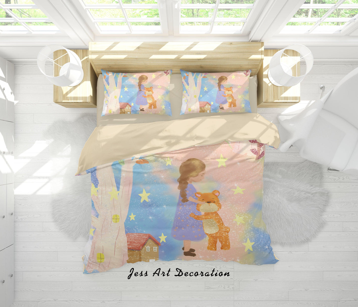 3D Cartoon Girl Bear Tree Quilt Cover Set Bedding Set Duvet Cover Pillowcases A533 LQH