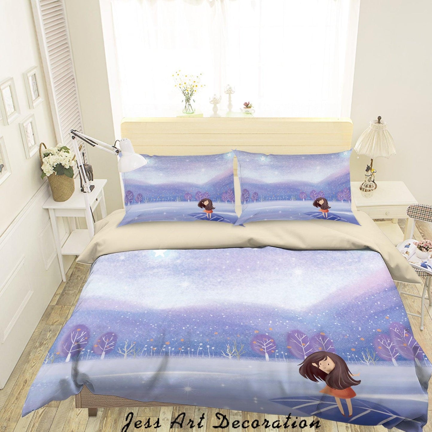 3D Cartoon Blue Tree Leaf Girl Quilt Cover Set Bedding Set Duvet Cover Pillowcases A568 LQH