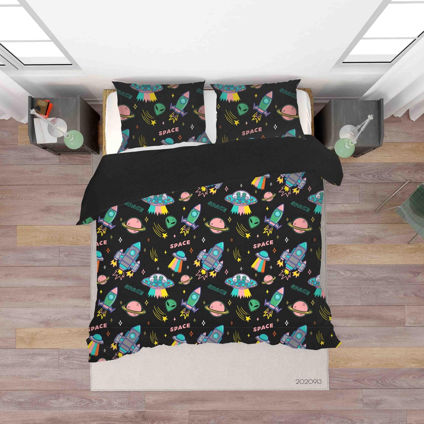 3D Cartoon Colorful UFO Aliens Spaceship Planet Stars Pattern Quilt Cover Set Bedding Set Duvet Cover Pillowcases WJ 1817