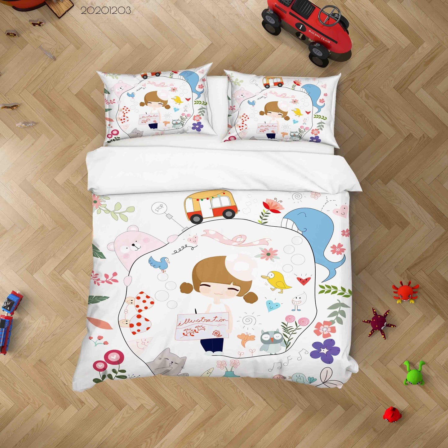 3D Cartoon Hand Drawn Colorful Floral Plant Bear Whale Lovely Girl Quilt Cover Set Bedding Set Duvet Cover Pillowcases LXL
