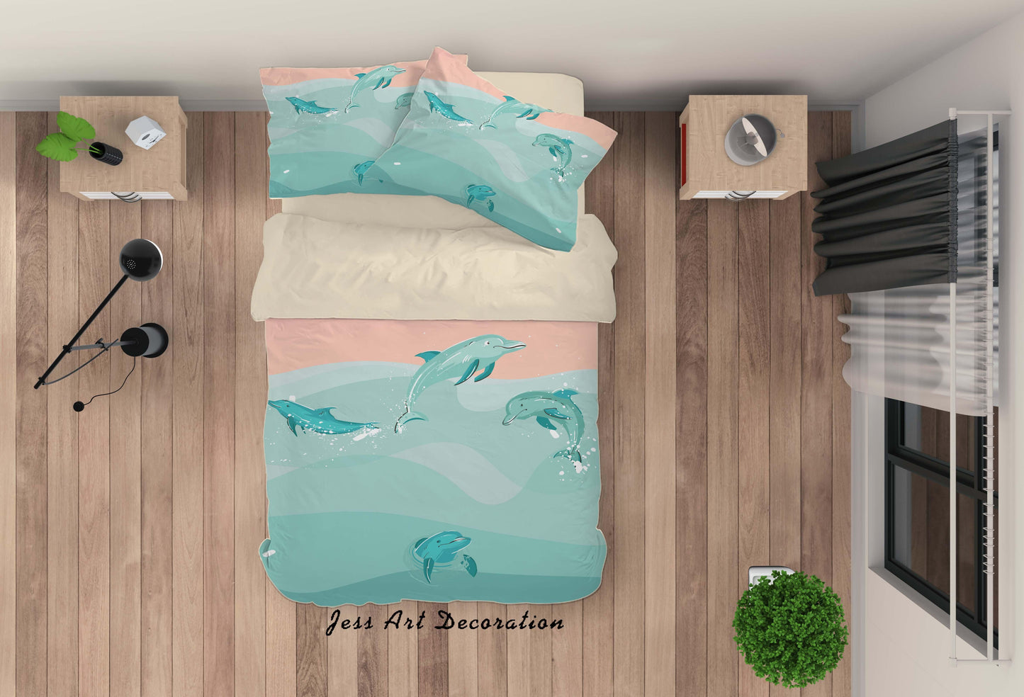 3D Cartoon Dolphin Green Quilt Cover Set Bedding Set Duvet Cover Pillowcases A318 LQH