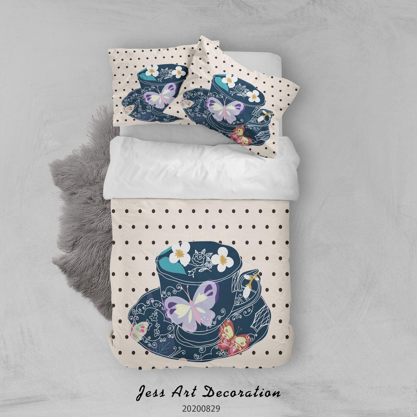 3D Abstract Hand Draw Cartoon Teacup Butterfly Pattern Quilt Cover Set Bedding Set Duvet Cover Pillowcases WJ 3586