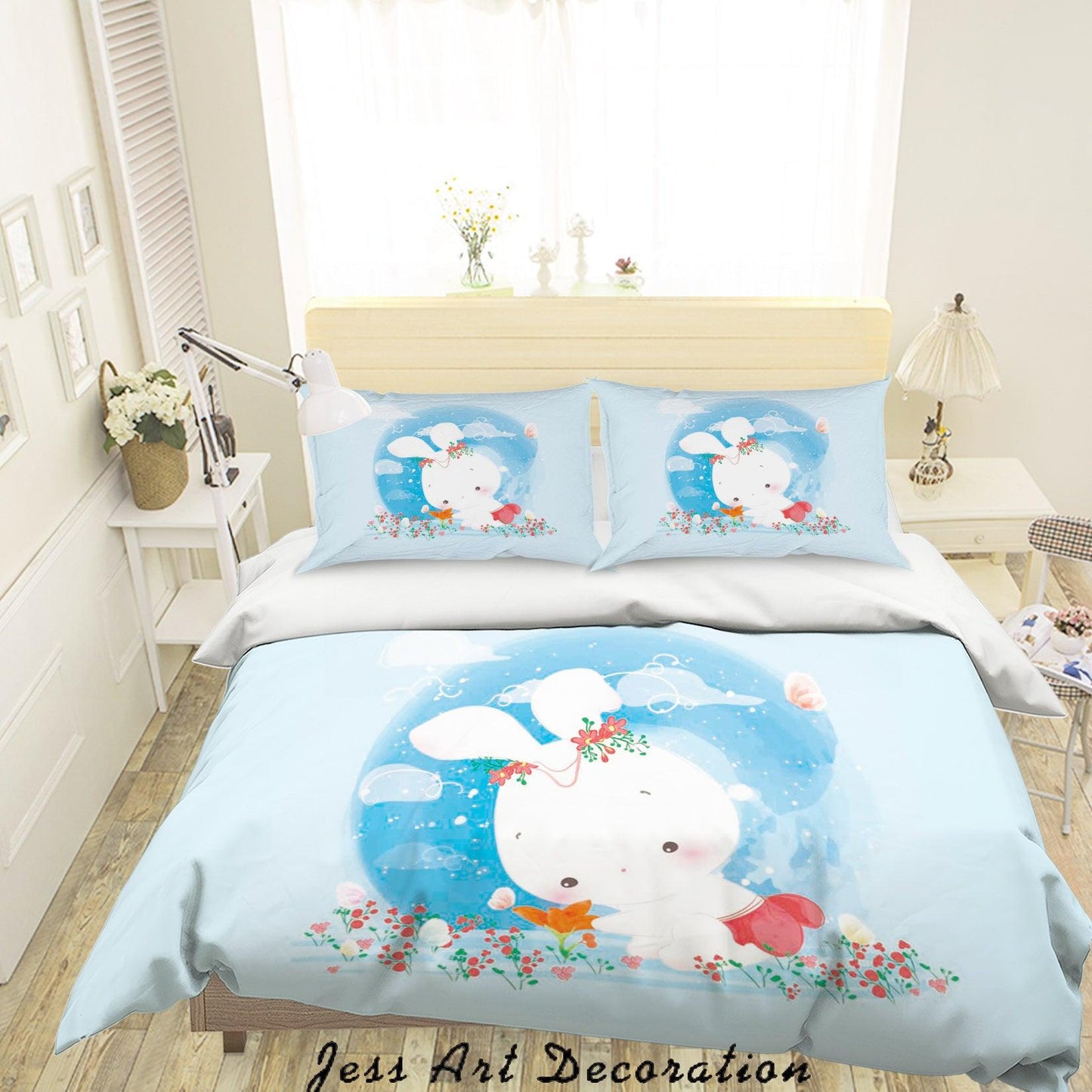 3D Blue Rabbit Floral Quilt Cover Set Bedding Set Duvet Cover Pillowcases SF98