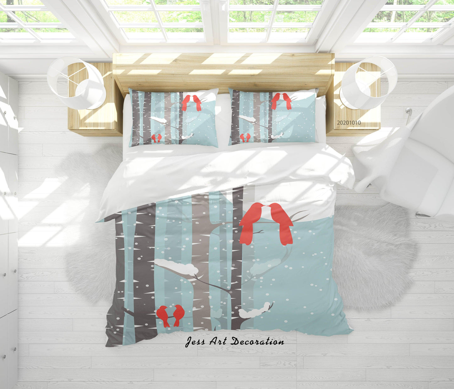 3D Cartoon Animal Winter Birds Couple Quilt Cover Set Bedding Set Duvet Cover Pillowcases WJ 9585