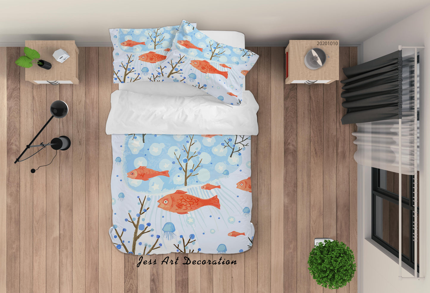 3D Cartoon Cute Fishes Leaves Quilt Cover Set Bedding Set Duvet Cover Pillowcases WJ 9574