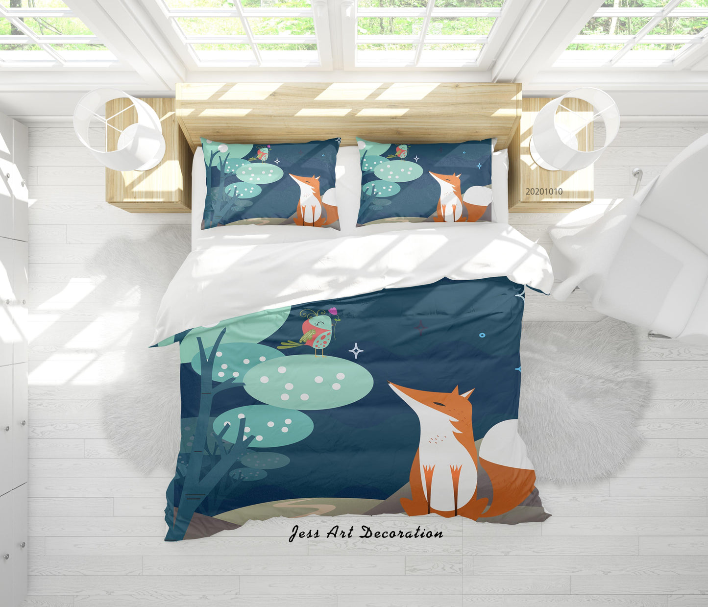 3D Cartoon Animal Fox Bird Leaves Quilt Cover Set Bedding Set Duvet Cover Pillowcases WJ 9583